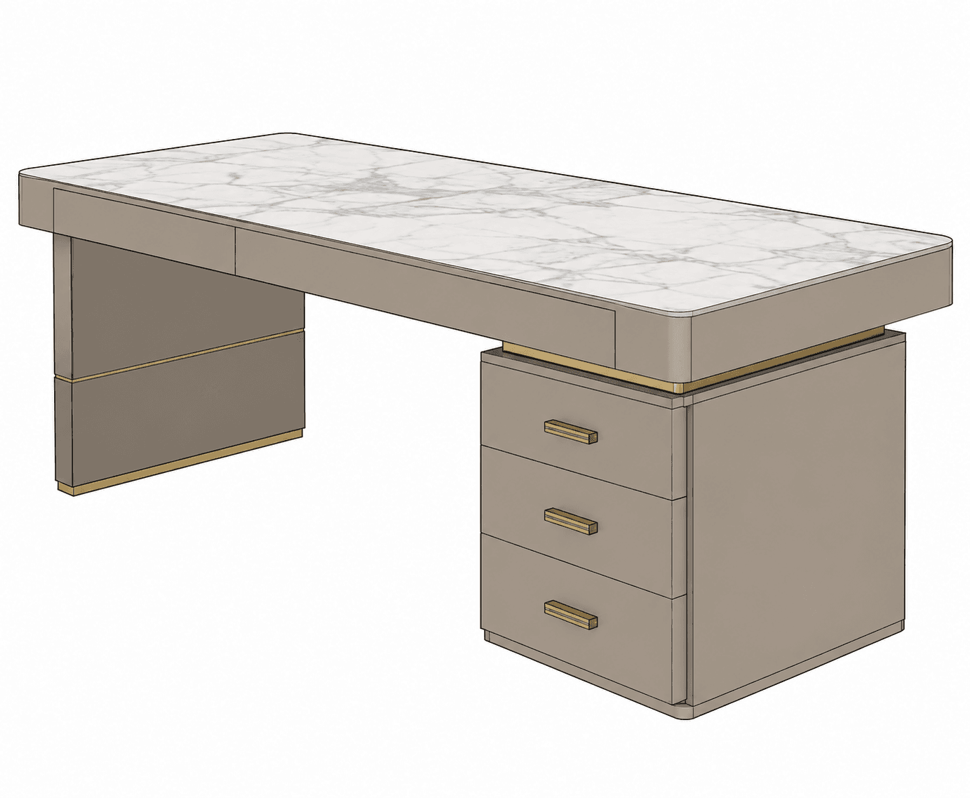 A modern executive desk featuring a rectangular white marble top with prominent grey veining, supported by a taupe-finished body. The desk incorporates a solid slab leg on one side and a three-drawer pedestal on the other. Subtle brass-toned metallic trim bands accent the base of the slab leg, an apron element, and the perimeter beneath the marble top above the drawer unit. The drawers are fitted with matching brass bar pulls. — 3D model