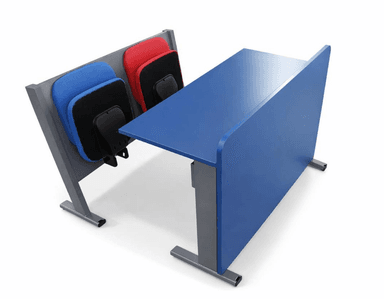 A modern modular desk with an integrated storage unit designed to hold stackable chairs. The desk features a vibrant blue laminated top and side panel, supported by a grey metal frame. The attached storage unit is also made of grey metal and holds four chairs with black bases and colorful (blue and red) seat and back pads. — 3D model