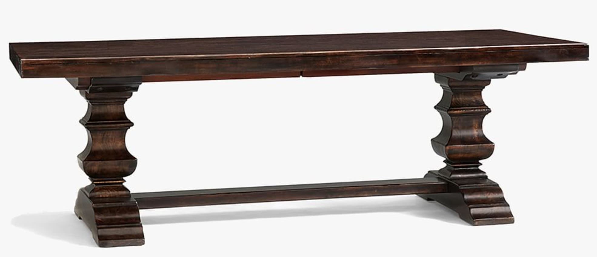 A dark brown wooden console table with a rectangular top and two ornate baluster-style legs connected by a stretcher. The legs have multiple stacked, curved sections and a stepped base. The wood appears to have a distressed or antique finish. The underside of the table reveals mechanical components, possibly for extension or adjustment. — 3D model