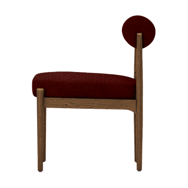 A modern chair with a solid wood frame and upholstered seat and backrest. The frame appears to be constructed from oak with a visible wood grain. The upholstery is a textured, deep red fabric. The chair has a simple, minimalist design with a curved, cylindrical backrest. — 3D model