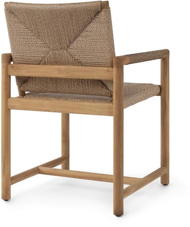 A contemporary armchair featuring a light-toned wooden frame and an intricately woven natural rope seat and backrest. The armrests are integrated into the frame and also wrapped in the same woven material. — 3D model