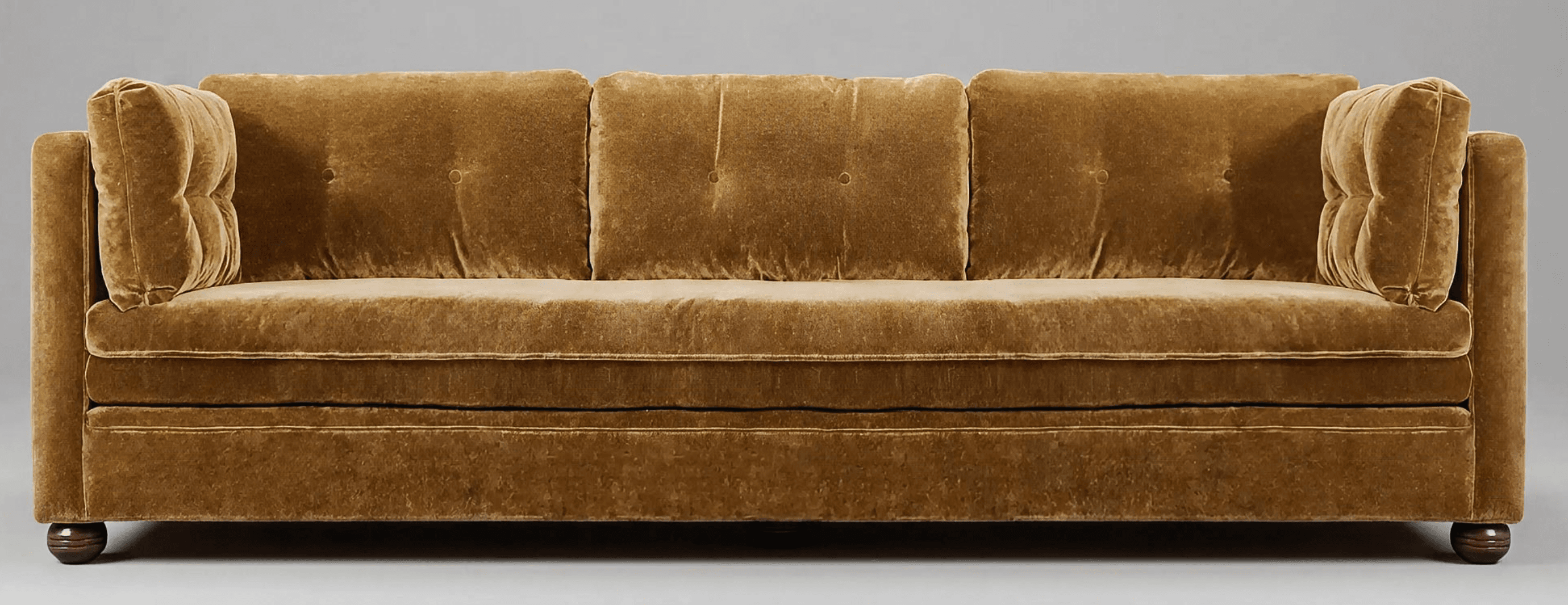 A three-seater sofa upholstered in a rich, golden-brown velvet fabric. The sofa features a squared-off silhouette with prominent, padded arms and a high back composed of three button-tufted cushions. The seat cushion is continuous and slightly tufted, with a prominent piping detail separating it from the base. The sofa rests on short, dark, turned wooden legs. — 3D model