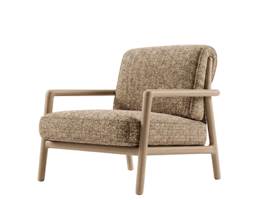 A modern upholstered lounge chair featuring a sturdy exposed frame made of light-toned wood, likely oak or ash. The chair is upholstered in a highly textured, multi-tonal fabric, predominantly in shades of brown and beige, giving it a tactile and cozy appearance. It has a boxy yet comfortable silhouette with generously padded seat and back cushions, and integrated armrests with rounded edges. — 3D model