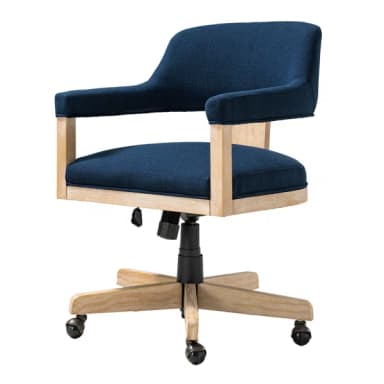An upholstered desk chair featuring a navy blue fabric seat and backrest, with a light-toned wooden frame and a five-star base with casters. It includes a pneumatic lift for height adjustment and swivel functionality. The backrest is rounded, extending into curved, upholstered armrests. — 3D model