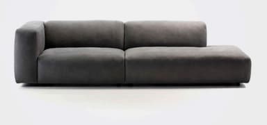 A two-piece contemporary modular sectional sofa upholstered in dark grey fabric. It features a low-profile design with clean, straight lines and an understated aesthetic. One module includes a backrest and a single armrest, while the adjoining module is armless, forming an L-shaped configuration suitable for various living spaces. The base appears recessed, giving the sofa a floating appearance. — 3D model