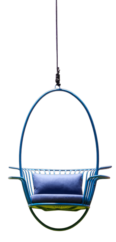A modern hanging egg chair, featuring a vibrant blue tubular metal frame that forms an enclosed oval shape. The chair is suspended from above by a dark rope or cable. Inside the frame, a horizontal slatted seat and backrest are complemented by a dark blue fabric cushion and a small lumbar pillow, providing comfort. The design is contemporary and visually striking, suitable for both indoor and outdoor lounge settings. — 3D model