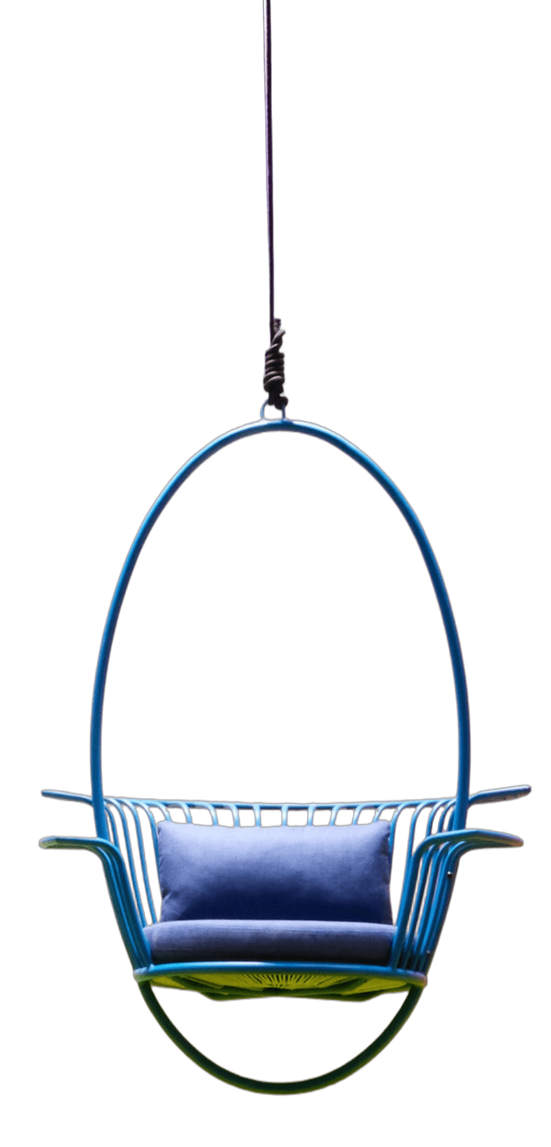 A modern hanging egg chair, featuring a vibrant blue tubular metal frame that forms an enclosed oval shape. The chair is suspended from above by a dark rope or cable. Inside the frame, a horizontal slatted seat and backrest are complemented by a dark blue fabric cushion and a small lumbar pillow, providing comfort. The design is contemporary and visually striking, suitable for both indoor and outdoor lounge settings. — 3D model