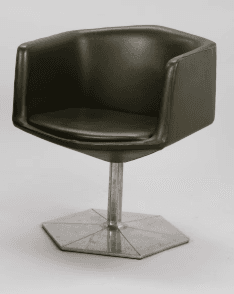 A vintage olive green upholstered swivel chair featuring a bucket seat design and a polished hexagonal metal pedestal base. — 3D model