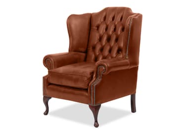 A classic wingback armchair upholstered in rich brown leather, featuring deep button tufting on its high backrest and rolled arms. The chair is accented with antique brass nailhead trim along the front of the arms and the side panels. It rests on four dark wood cabriole legs. — 3D model