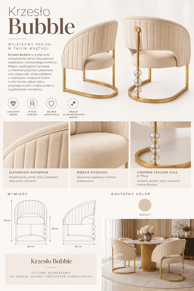 An elegant modern armchair featuring channel-tufted velvet upholstery in a light beige or cream color. The chair has a curved backrest that integrates seamlessly into armrests, and a distinctive open design at the lower back. It is supported by a glossy gold-finished metal sled base, which forms a continuous U-shape from front to back. The overall aesthetic is one of contemporary sophistication with a touch of glam. — 3D model
