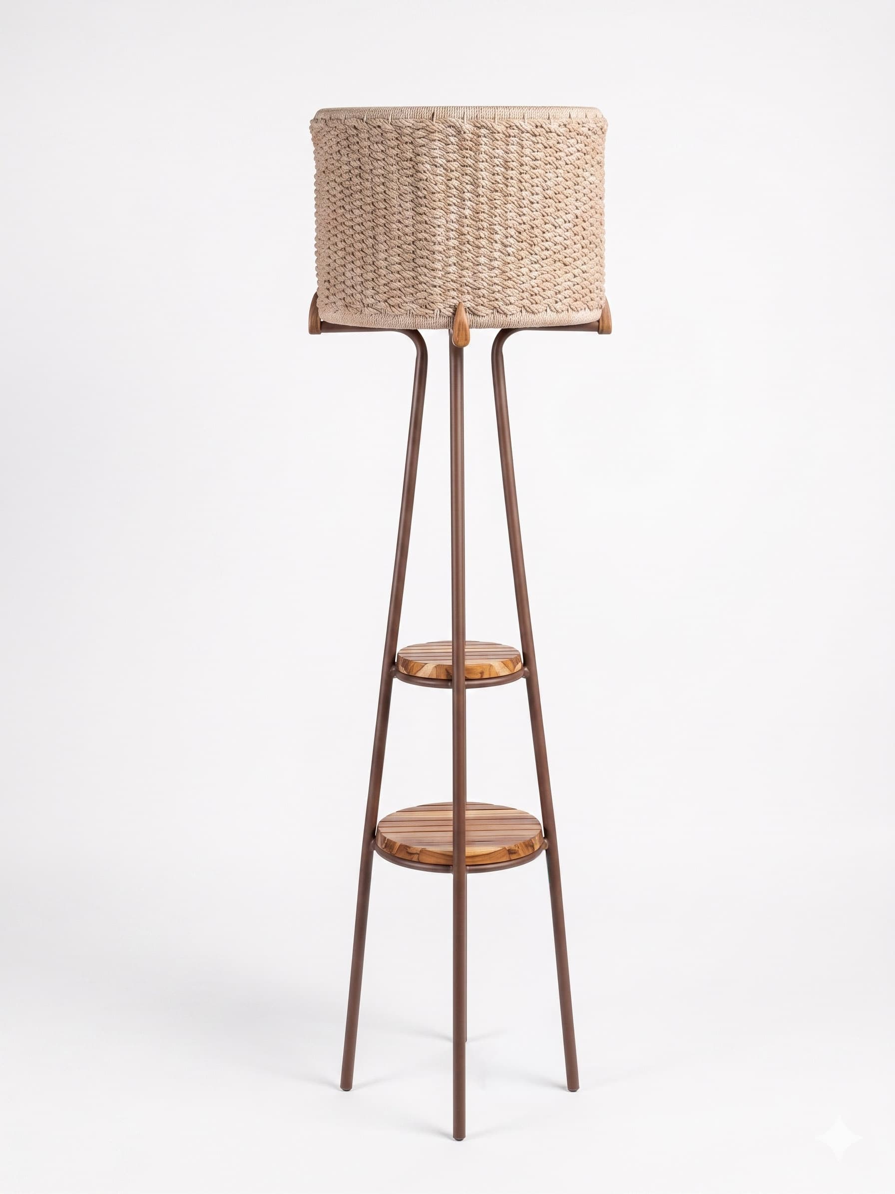 A floor lamp featuring a cylindrical shade made of woven rope-like material, set atop a slender dark metal frame that widens towards the base, incorporating two circular slatted wooden shelves. — 3D model