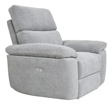A contemporary power recliner chair upholstered in a light gray textured fabric. It features plush, overstuffed cushioning on the backrest, seat, and armrests, designed for comfort. A silver-toned control panel for power reclining is integrated into the right side of the chair. — 3D model