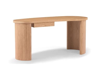 A modern wooden desk with a distinctive oval-shaped tabletop. It features two curved, cylindrical legs that provide support. A single, integrated drawer is subtly incorporated into the underside of the tabletop on one side, maintaining the clean, minimalist aesthetic. The wood grain is visible, suggesting a natural finish. — 3D model