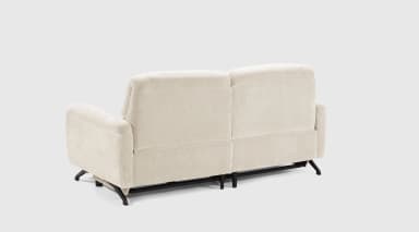 A two-seater sofa viewed from the back. The sofa has a textured, light-colored fabric upholstery. It features slightly curved armrests and a dual-cushion backrest. The sofa is supported by a dark-colored metal frame and legs. — 3D model