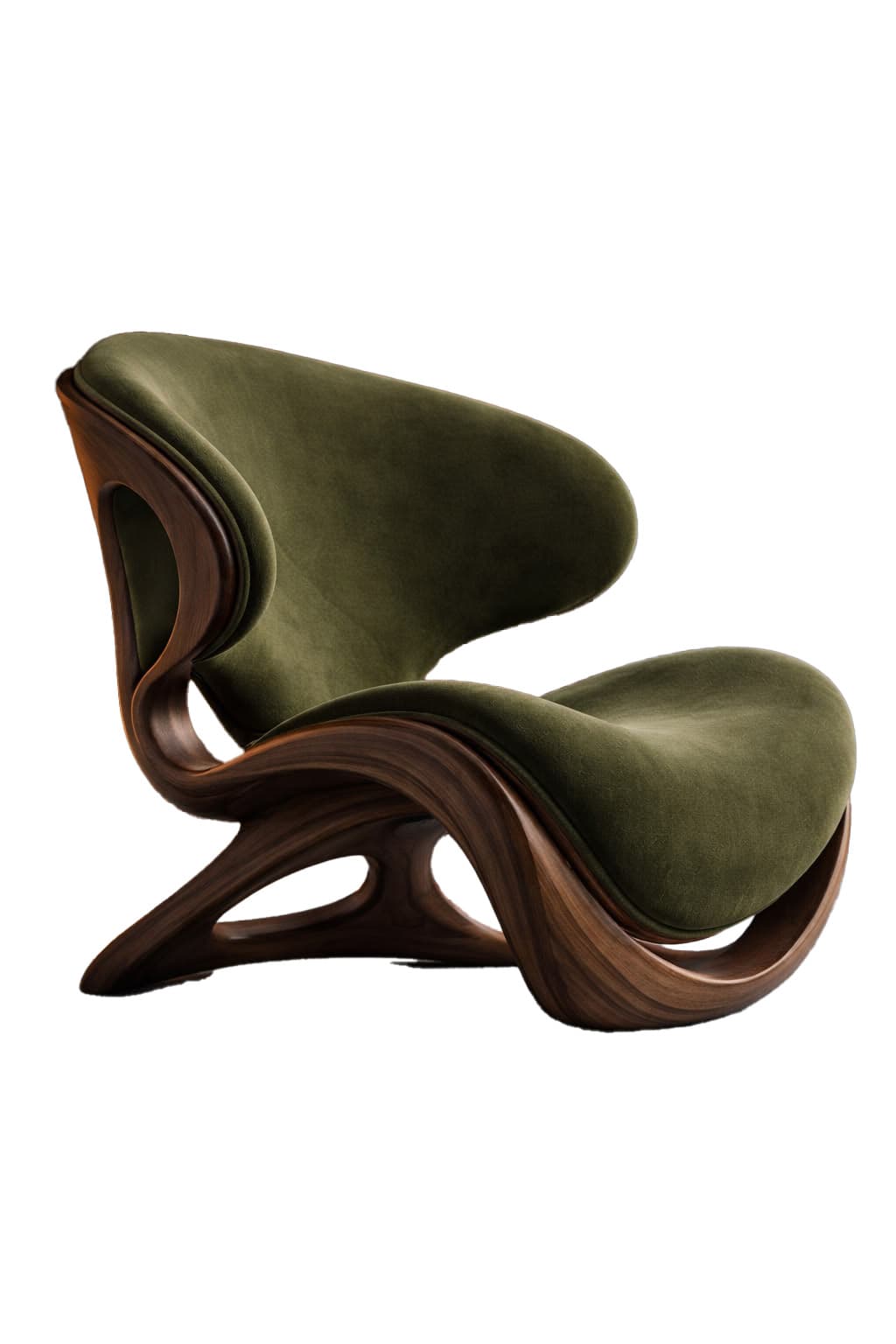 A highly stylized lounge chair featuring a sculptural, biomorphic wooden frame and plush olive green upholstery, designed for comfort and aesthetic impact. — 3D model