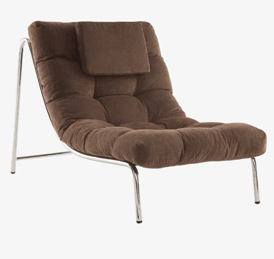 A contemporary lounge chair with a tufted upholstered seat and back, supported by a polished chrome metal frame. It features a reclining backrest and includes a separate headrest cushion. — 3D model