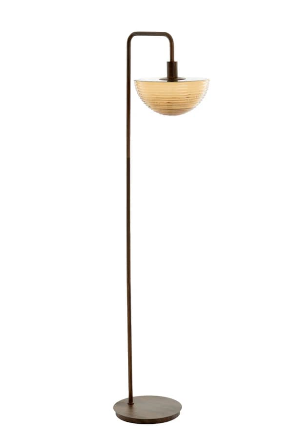 A floor lamp with a slender, dark-toned metal stem that curves at the top to support a semi-spherical lampshade. The lampshade has a ribbed texture and is made of amber-colored glass. The lamp has a circular, flat base, also in a dark metal finish. — 3D model