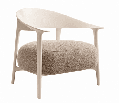 A contemporary armchair featuring a smoothly rounded, light-colored frame that integrates the backrest and armrests. The seat consists of a thick, upholstered cushion covered in a textured beige fabric. — 3D model