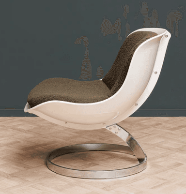 A modern armchair featuring a white molded shell seat and back, with a thick, textured green cushion. The chair is supported by a chrome-plated metal base with a circular pedestal and a curved upright structure connecting to the seat. — 3D model