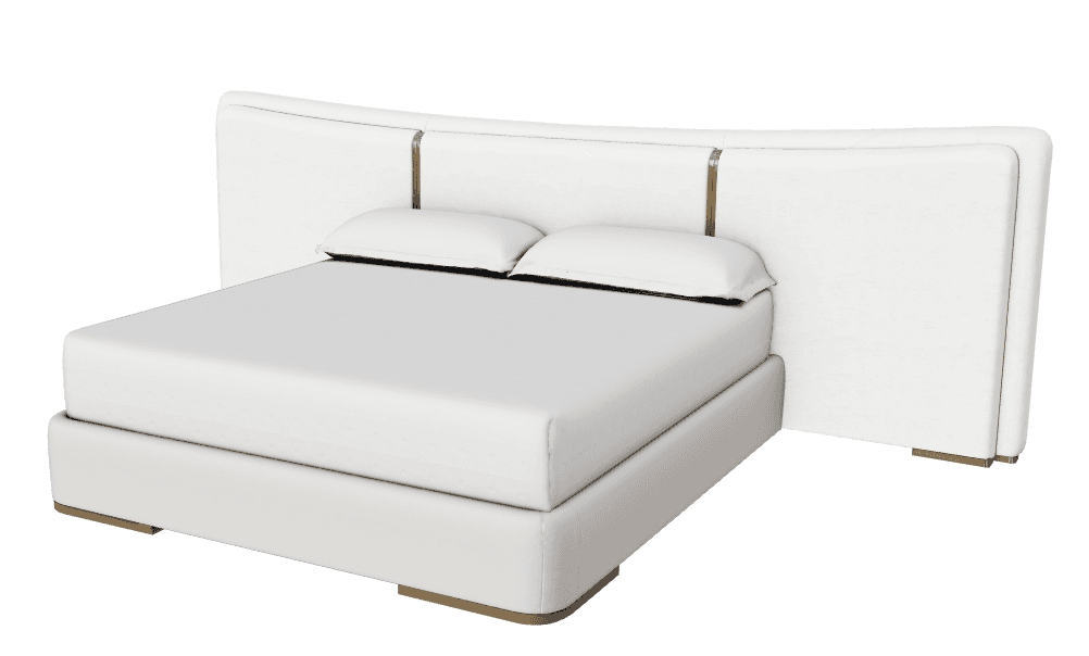 A modern white upholstered bed frame with a curved, winged headboard. The headboard features vertical gold-tone metal accents. The bed base is low-profile and also upholstered in white, with subtle gold-tone accents at the corners. Two white pillows are placed on the mattress. — 3D model