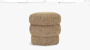 A round, three-tiered upholstered pouf, covered in a textured, light brown woven fabric, resting on a white background. — 3D model