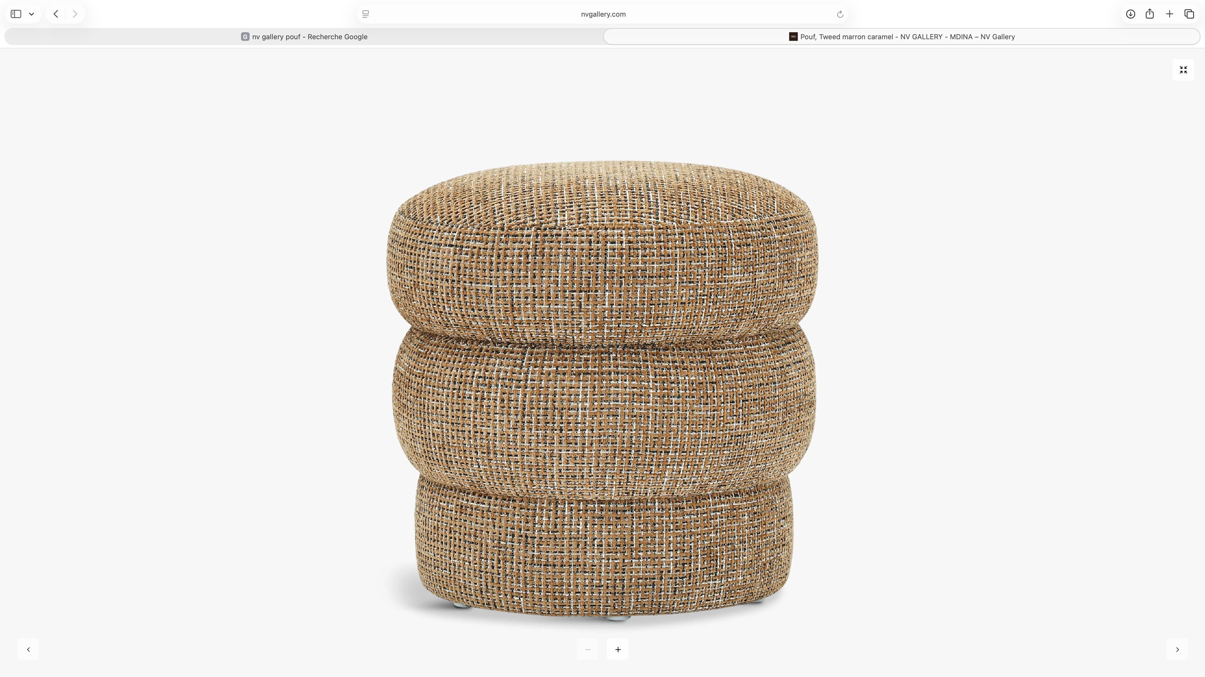 A round, three-tiered upholstered pouf, covered in a textured, light brown woven fabric, resting on a white background. — 3D model