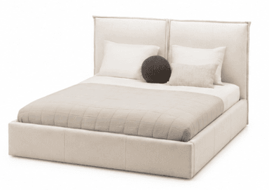 A modern upholstered platform bed featuring a low-profile frame and a tall, two-panel headboard, all covered in a light beige fabric. The bed is styled with minimalist bedding including a quilted duvet and accent pillows. — 3D model