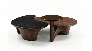 A three-piece organic modern coffee table set featuring a combination of rich walnut wood and dark marble tops, with fluid, sculptural bases. — 3D model
