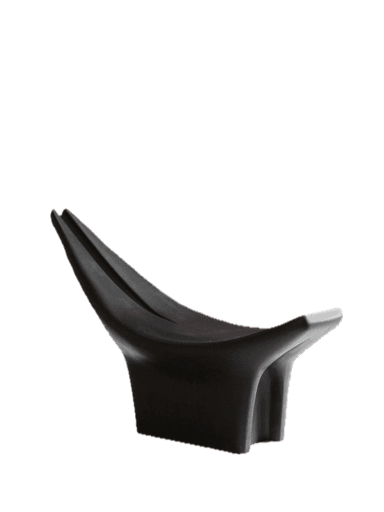 A striking, sculptural lounge chair crafted from a dark, apparently solid material, featuring a deeply reclined seat that integrates into a distinctive split backrest resembling two upward-curving horns. The chair rests on a solid, rectilinear base, and its surface exhibits subtle striations, suggesting a milled or sculpted construction. — 3D model