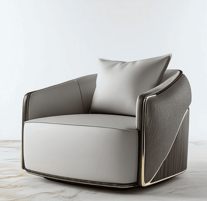 A luxurious armchair with a contemporary design. It features a light gray upholstered seat and back, accented by dark wood paneling with a textured finish on the sides. Thin gold trim outlines the edges of the armchair, adding a touch of opulence. A single, matching light gray square cushion is placed on the seat. — 3D model