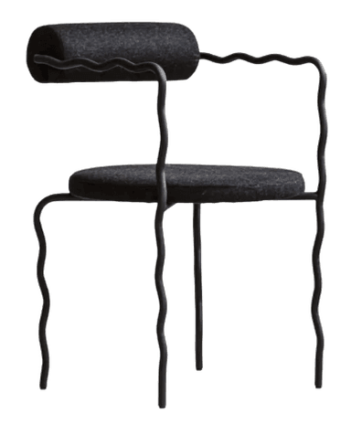 A contemporary armchair featuring a distinctive wavy tubular metal frame in a black finish, with a cylindrical upholstered backrest and a circular upholstered seat, both in a dark gray fabric. — 3D model