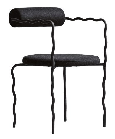 A contemporary armchair featuring a distinctive wavy tubular metal frame in a black finish, with a cylindrical upholstered backrest and a circular upholstered seat, both in a dark gray fabric. — 3D model
