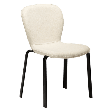 A modern chair with a molded seat and backrest upholstered in a textured, light-colored fabric. The base consists of four slender, dark-colored legs with a minimalist design. — 3D model