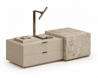A modern nightstand featuring an asymmetrical design with a light wood section containing two drawers and an adjacent block clad in veined beige marble. A bronze-toned task lamp is integrated into the design, positioned on the wooden surface. — 3D model