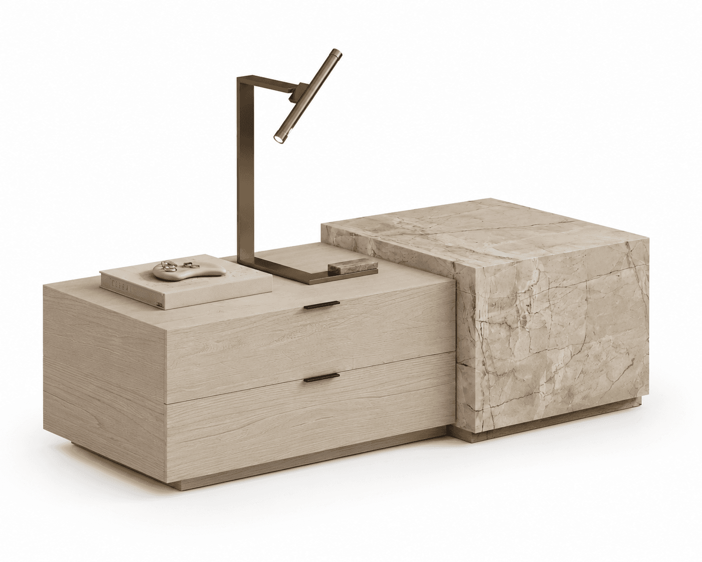A modern nightstand featuring an asymmetrical design with a light wood section containing two drawers and an adjacent block clad in veined beige marble. A bronze-toned task lamp is integrated into the design, positioned on the wooden surface. — 3D model