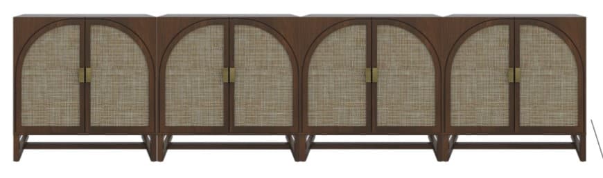 A long, low sideboard with a wooden frame and four arched cabinet doors. Each door features a woven cane panel and a small, rectangular brass handle. The sideboard stands on a minimalist wooden base. — 3D model