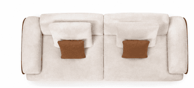 A modern two-piece modular sectional sofa upholstered in light beige fabric, featuring square armrests with brown accent panels and contrasting brown throw pillows. — 3D model