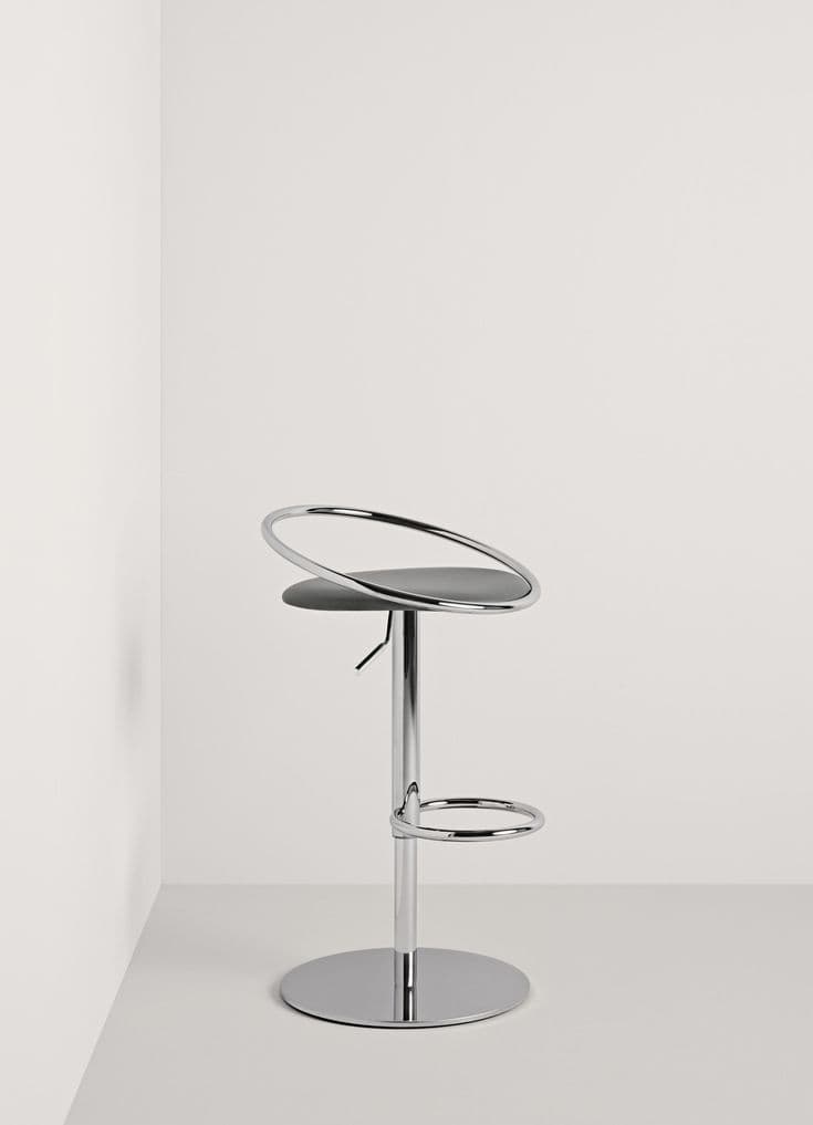 A modern bar stool with a chrome-plated metal base, stem, and footrest. The seat is round and dark gray, appearing to be upholstered or made of a smooth material. It features a distinctive chrome loop extending upwards and behind the seat, acting as a partial backrest or design element. The stool has a gas lift mechanism for height adjustment, indicated by a lever beneath the seat. — 3D model