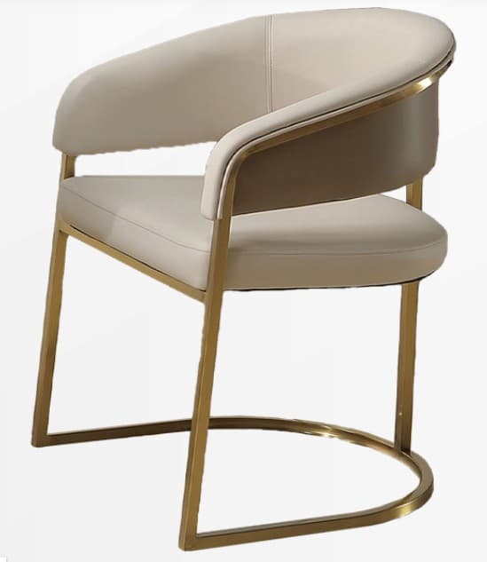 A modern armchair with a curved backrest and integrated armrests. The seat and back are upholstered in a light-colored material, possibly leather or a high-quality fabric. The frame and legs are constructed from a metallic material, likely brass or a similar alloy, with a gold finish. The base features a curved support connecting the legs. — 3D model
