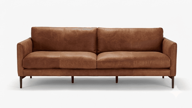 A contemporary two-seater sofa upholstered in brown leather. The sofa features clean lines with a slightly sloped armrest and a tufted back cushion. It is supported by four slender, dark-colored wooden legs. — 3D model