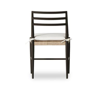 A modern black wooden dining chair featuring a woven natural rope seat and a removable white fabric cushion. The chair has a slatted backrest and straight legs with horizontal stretchers for stability. — 3D model
