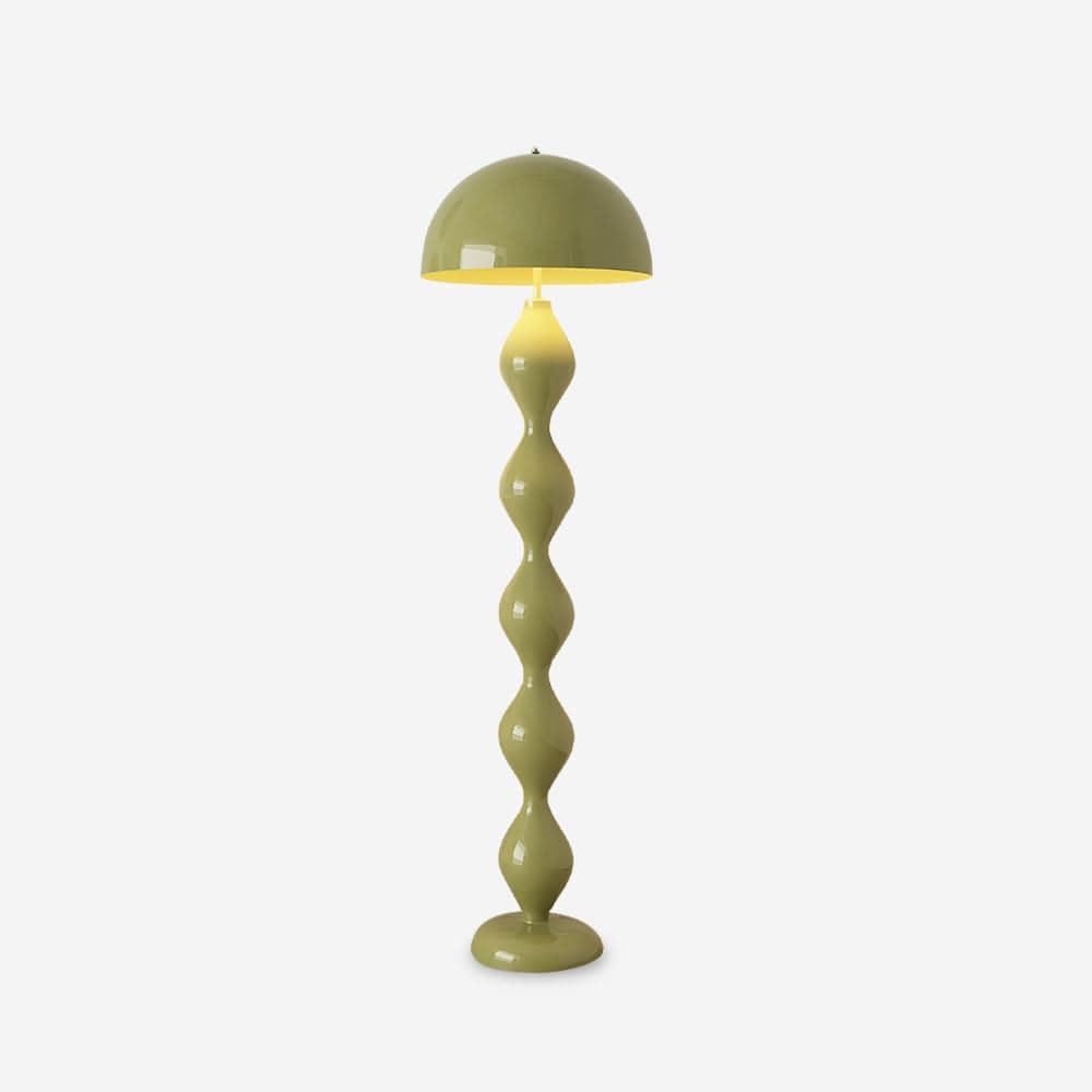 A modern sculptural floor lamp featuring a domed, mushroom-shaped shade and a unique undulating, segmented stem, all rendered in a glossy light olive green finish. — 3D model