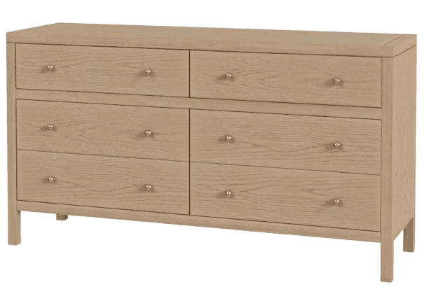 A contemporary dresser crafted from light-toned oak wood, featuring a total of six drawers for ample storage. The dresser presents a clean, minimalist design with a flat top surface and subtle brass knob pulls on each drawer, resting on discreet, integrated legs. — 3D model