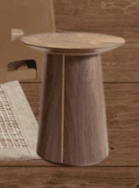 A modern side table featuring a round tabletop and a single, tapered pedestal base. The table is constructed from two tones of walnut wood; the main body of the base is a darker walnut, while the tabletop and a vertical inlay strip on the base are a lighter walnut or similar contrasting wood. The design is minimalist and sleek. — 3D model