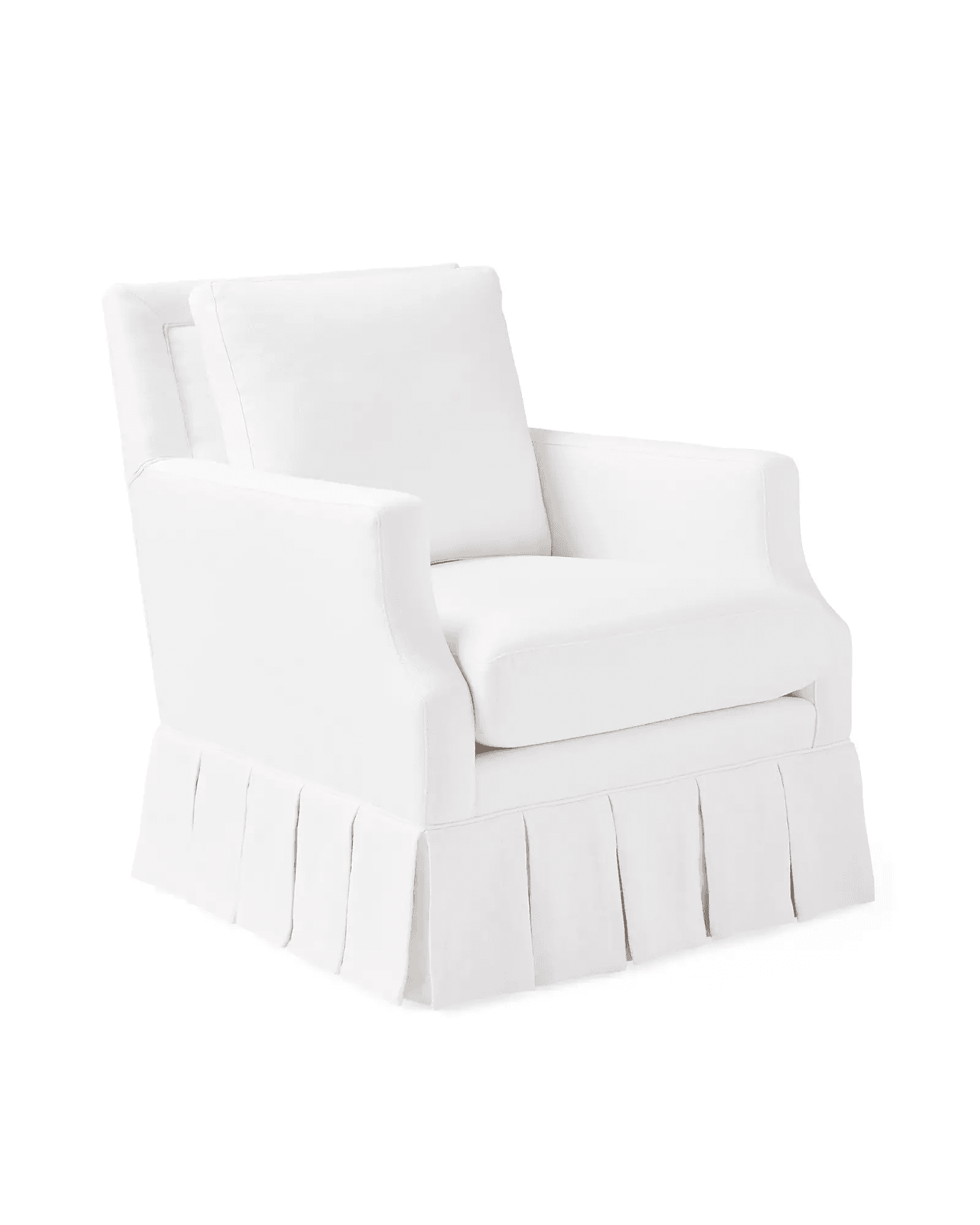 A white armchair with a skirted base and plush cushions. The chair features wide, gently sloped arms and a high back. The skirt is pleated, extending to the floor, and appears to be made of a soft fabric. — 3D model