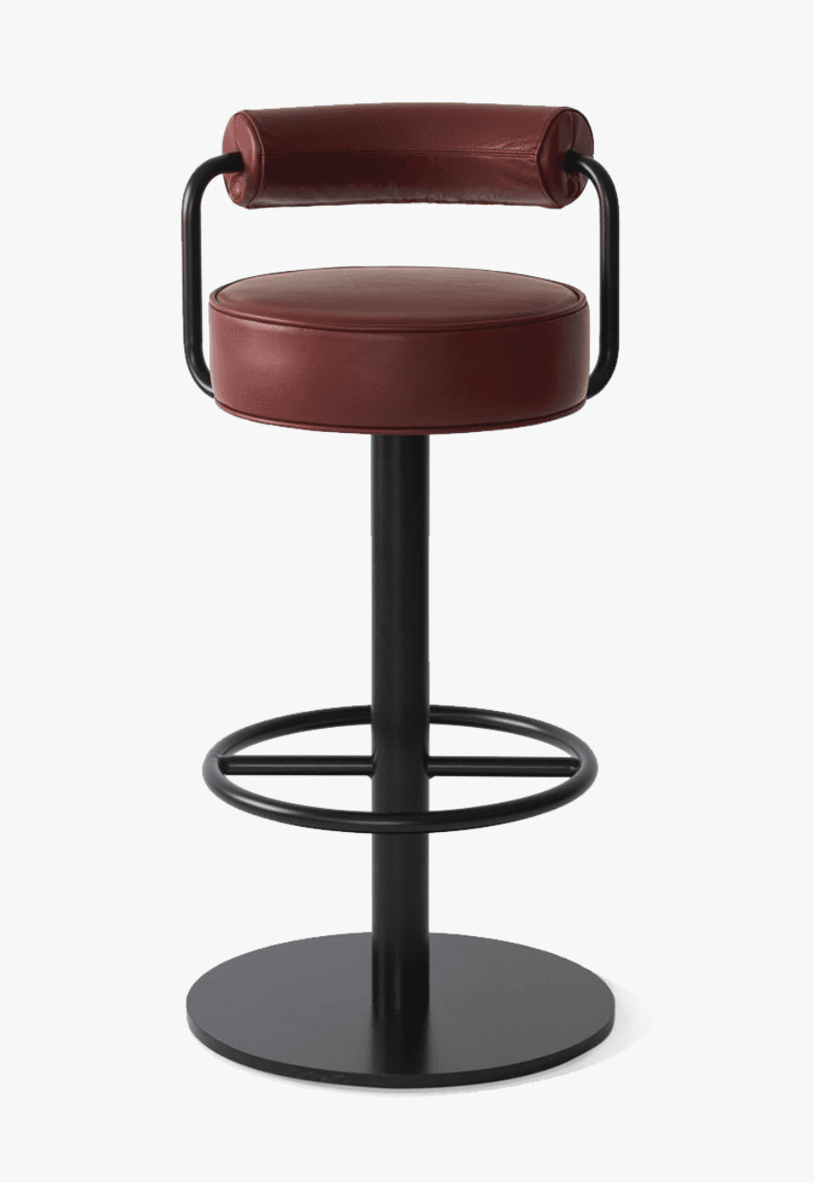 A contemporary bar stool featuring a round upholstered seat and a tubular metal backrest with a padded cylindrical cushion, all supported by a matte black metal pedestal base with a circular footrest. — 3D model