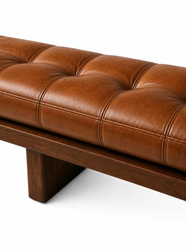 A long, rectangular bench featuring a tufted brown leather cushion set atop a sturdy dark wood base with block legs. — 3D model