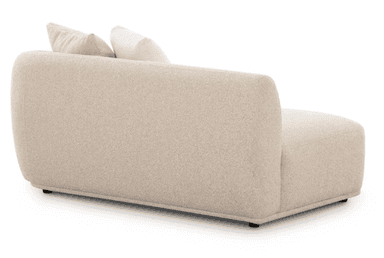 A contemporary right-arm modular sectional sofa component, upholstered in a light beige boucle-like fabric. It features a low-profile design with a continuous backrest that curves down to form a right armrest. The seat cushion is integrated, and the piece is supported by discreet low-profile feet. Two throw pillows, one beige and one off-white, are placed against the backrest. — 3D model