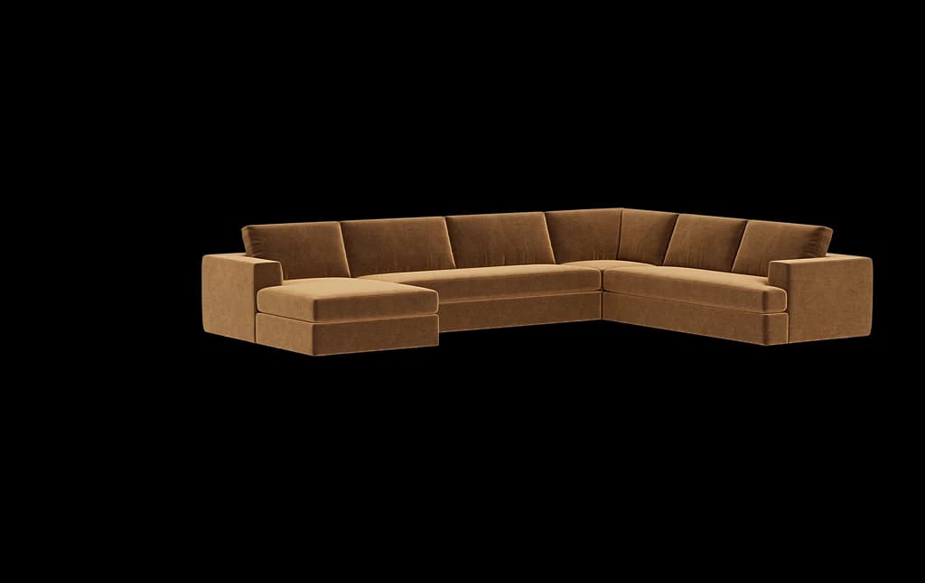 A large, U-shaped sectional sofa with a chaise lounge extension. The sofa features deep seating, plush cushions, and a low profile. It is upholstered in a textured fabric with a rich, warm tone. — 3D model