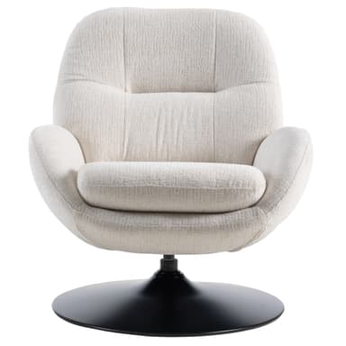 An upholstered lounge chair featuring a high back, wide seat, and integrated armrests, all covered in a textured cream fabric. The chair rests on a minimalist, matte black disc base, indicating a swivel function. The overall form is organic and plush, designed for comfort. — 3D model